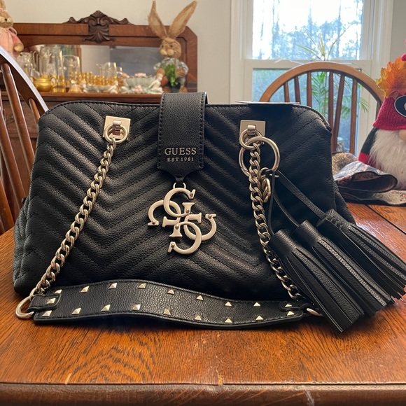 Guess Handbags - NWT Guess Violet Chevron Quilted Shoulder/Satchel Black Bag w/ Tassel and Chain